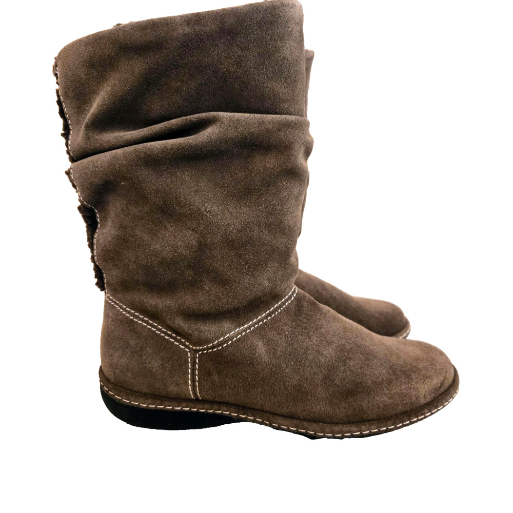 Lands' End khaki suede slouch boots distinctive white contrast stitching 6.5